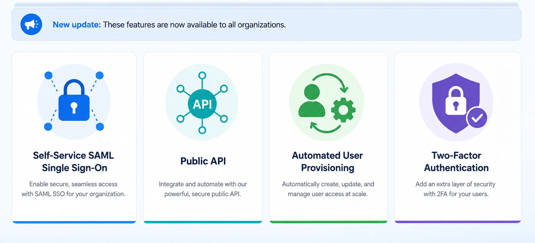 Enterprise features, no enterprise tier: single sign-on, a public API, and new security tools
